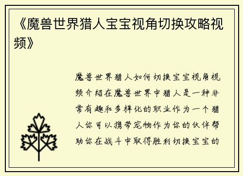 《魔兽世界猎人宝宝视角切换攻略视频》